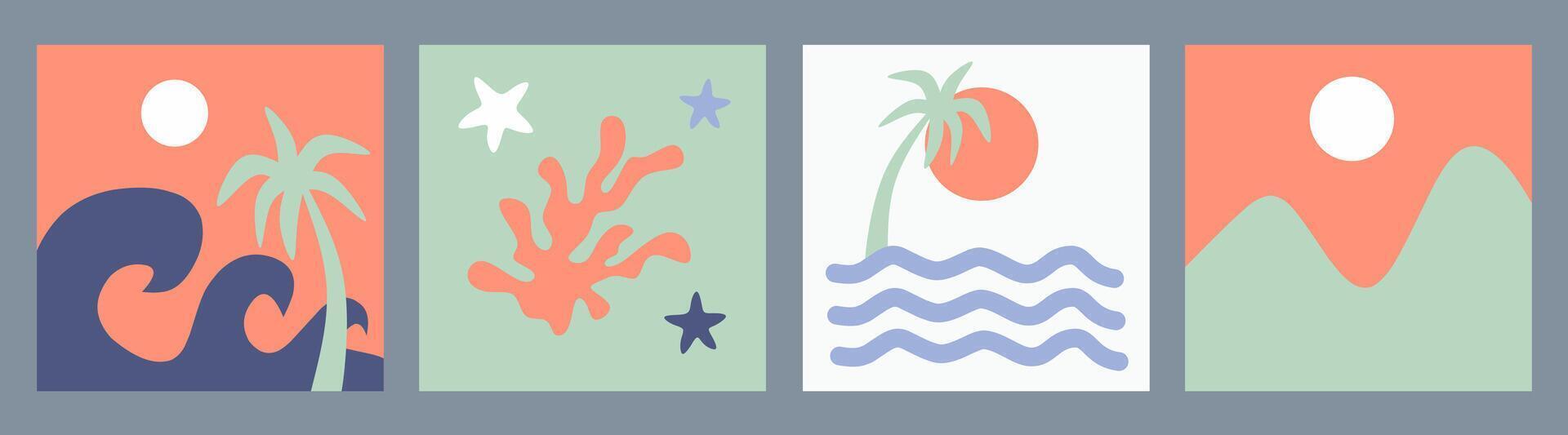 Set of summer abstract poster. Modern flat landscape for banner illustration, on colorful background color with sunny beach, mountains, coral, starfish, wave, water sea, palm tree, ocean. Graphic card vector
