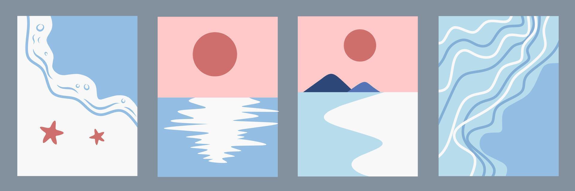 Set of Summer nature landscape poster, cover, card with sea view, sunny beach, mountains, wave, starfish, lake and sun. Vertical design for summer holidays, creative vacation travel illustrations. vector