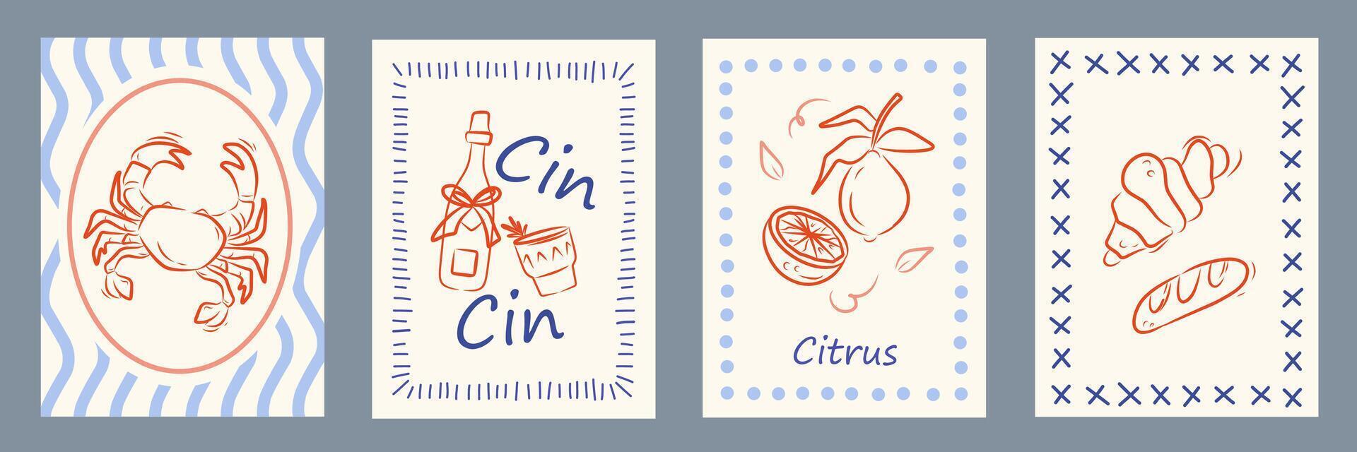 Summer Italy la dolce vita vintage posters. Amalfi or Sicily of postage stamps with image of Italian Mediterranean wine, crab, lemons, pastry wall decor. Illustration ink doodle sketch style. vector