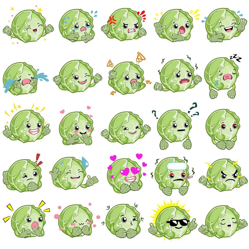 Kawaii character cabbage emoticon set vector