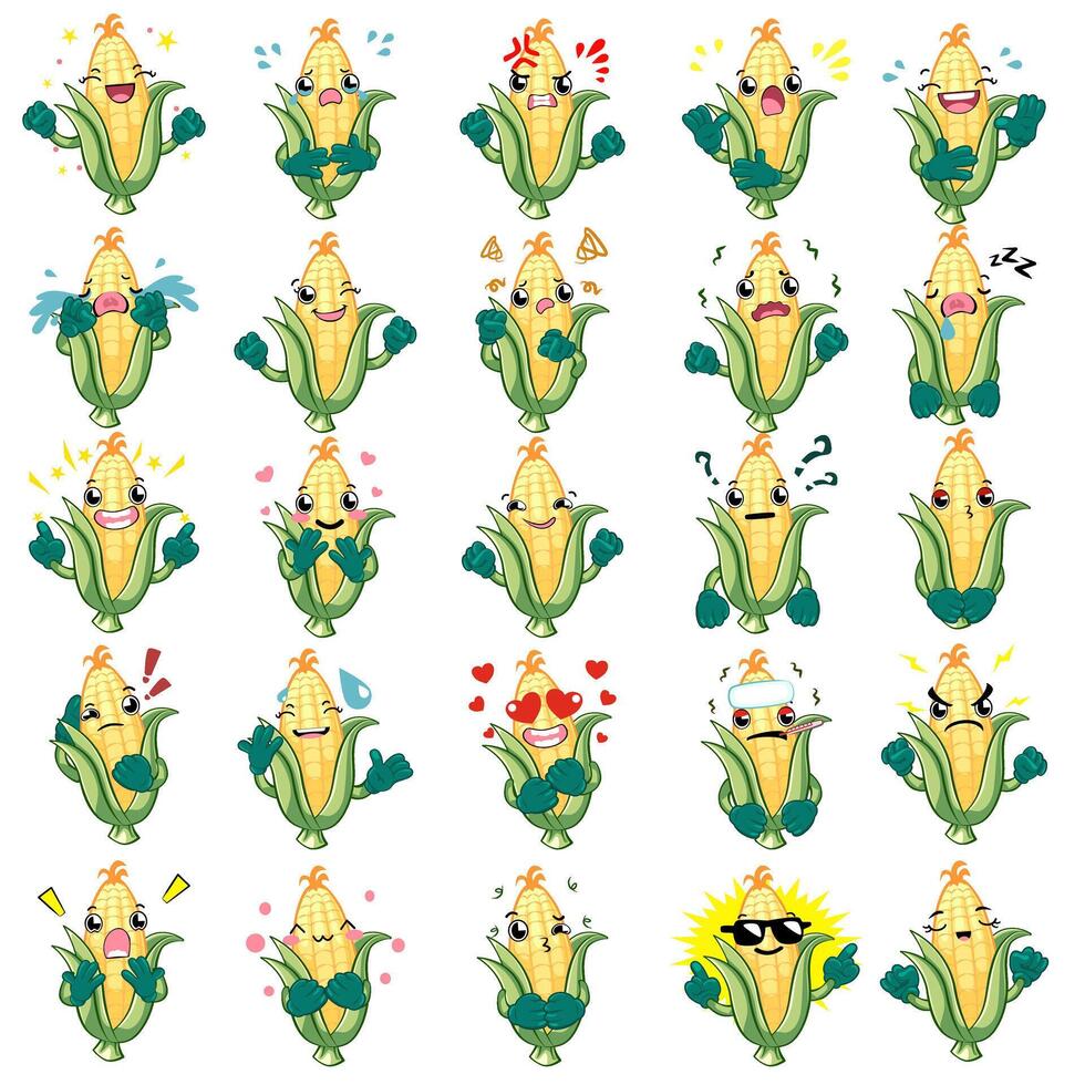Kawaii corn emoticon set vector