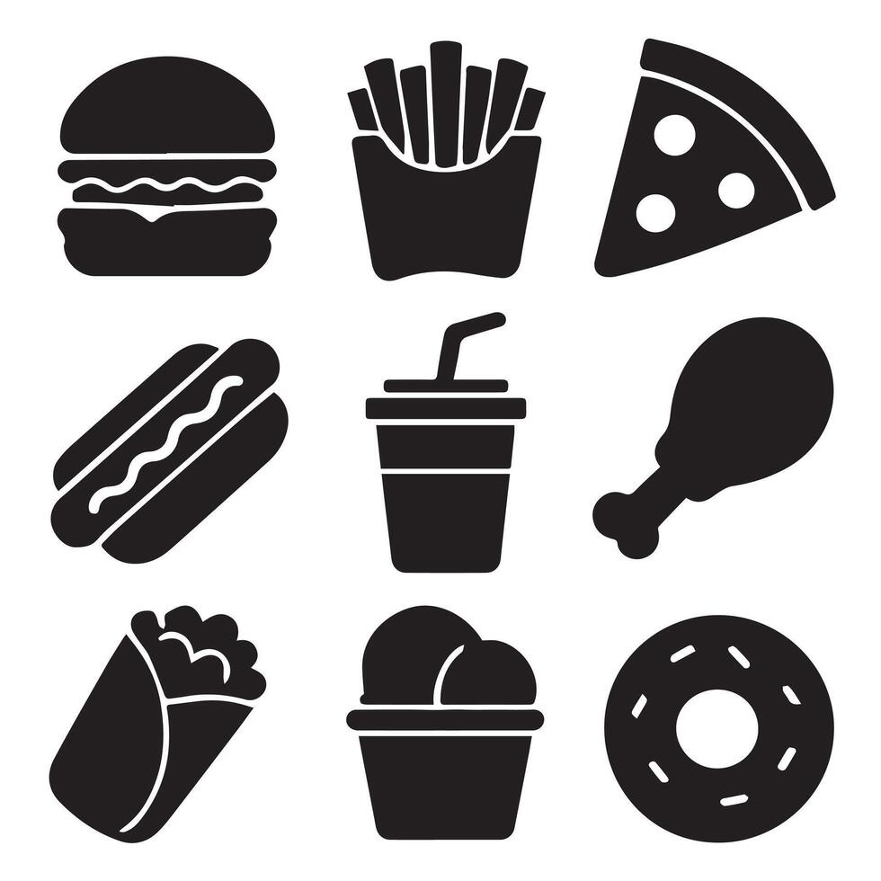 Silhouette Icons of Popular Fast Foods in 3x3 Grid on White Background vector