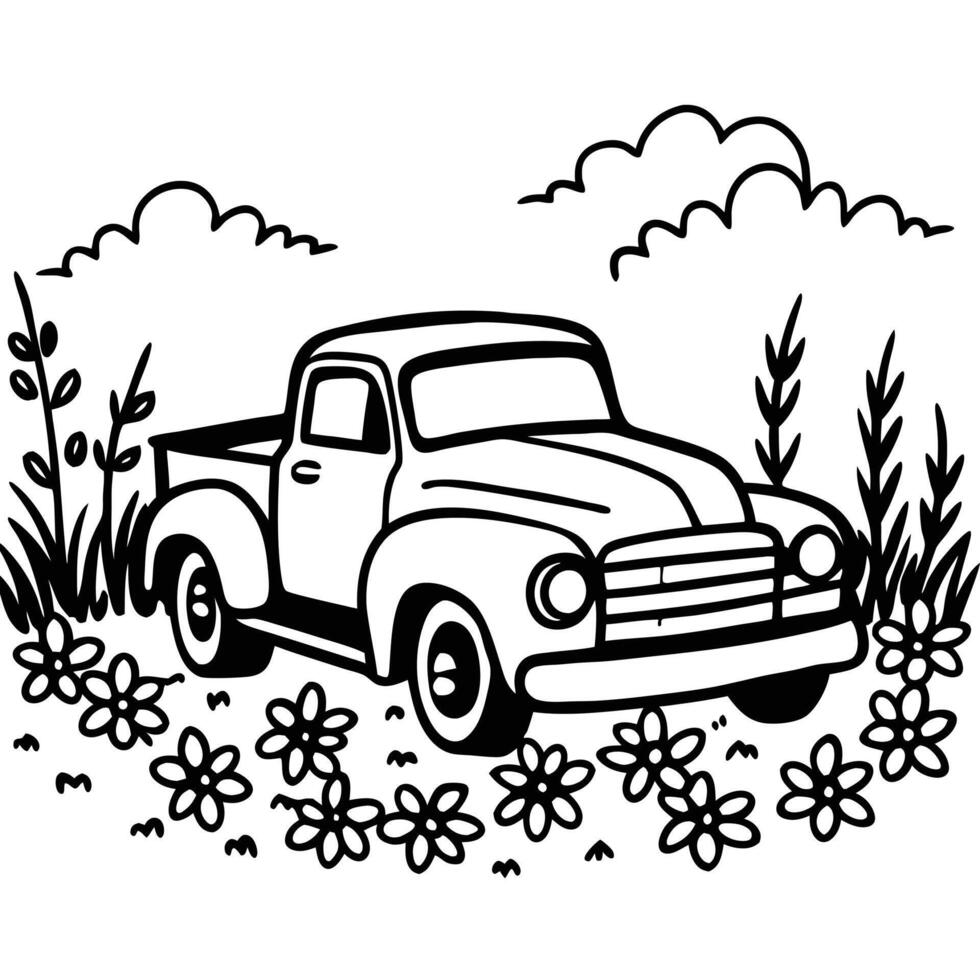retro car with flowers and leaves illustration vector