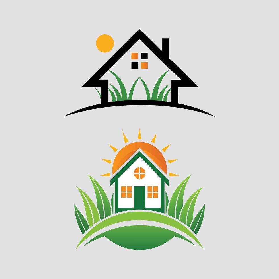 House and Landscape Logo Designs and green house with green leaves. vector