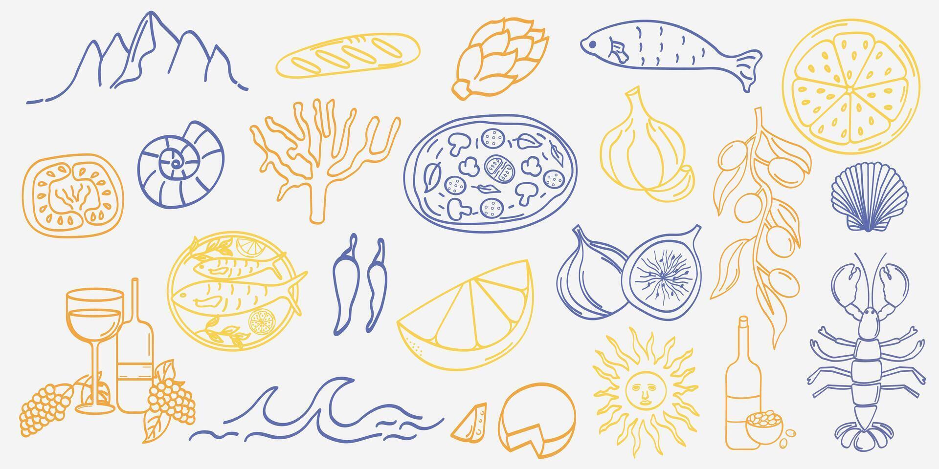 Hand drawn Mediterranean elements. Doodle food, sea, and nature illustration vector