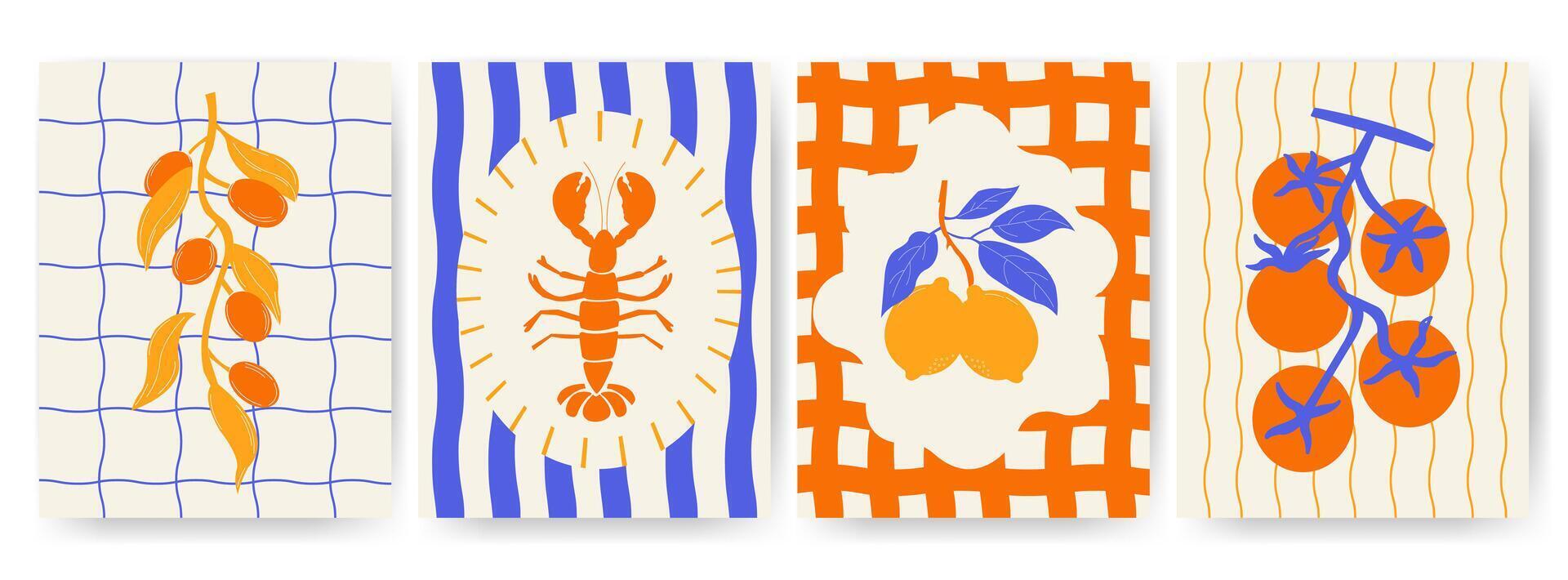 Set of abstract food posters. Summer Italian design of lobster, lemon, tomato and olives vector