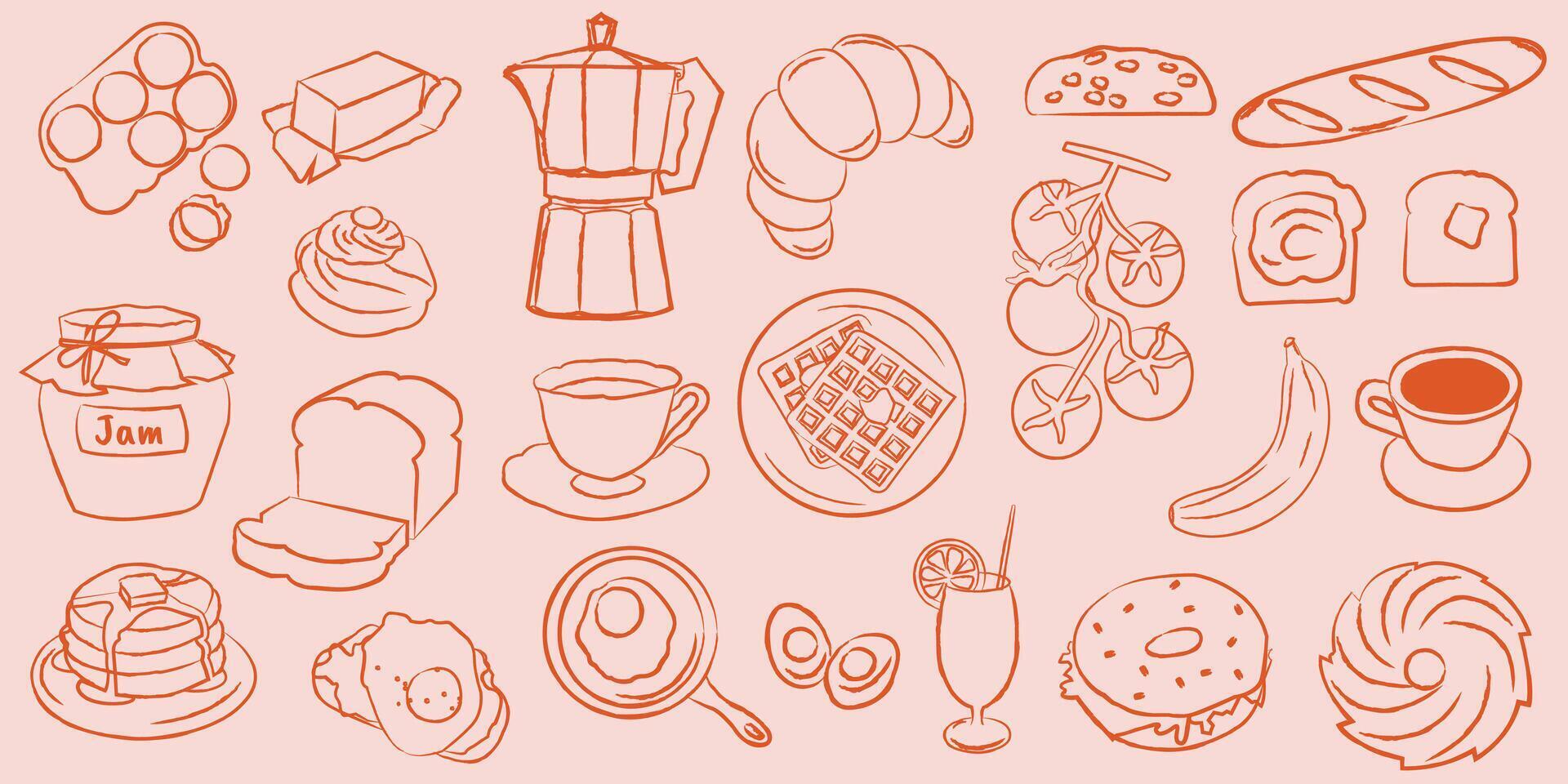 Breakfast doodle illustration set. Hand drawn food elements for morning meal designs vector