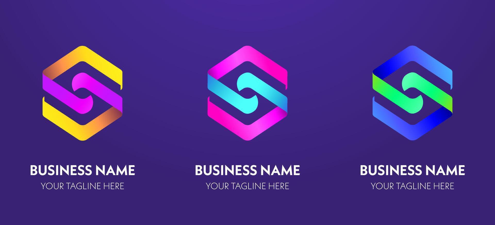 A set of vibrant 3D gradient hexagonal logos with dynamic shapes, suitable for modern brands, tech startups, or design agencies. vector
