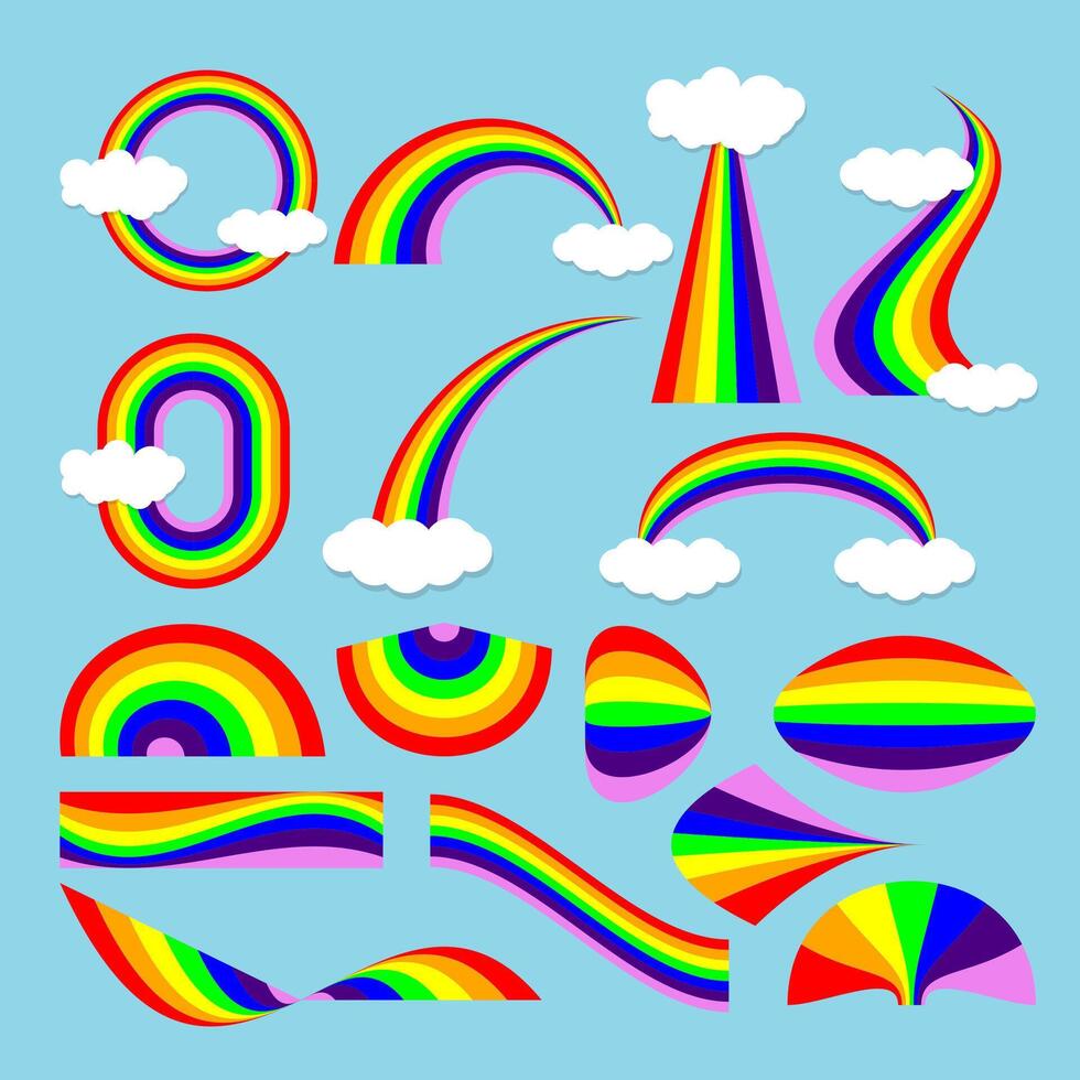 A colorful collection of rainbow elements with clouds, arcs, and curves on a blue background, fun and perfect for kids or pride themes. vector