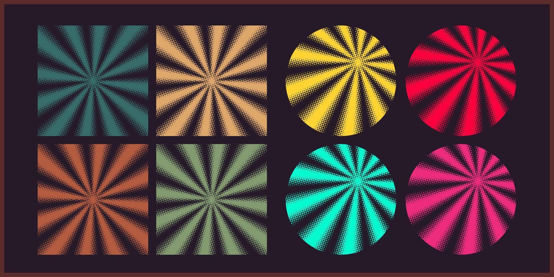 A set of 8 vibrant halftone radial burst backgrounds in circular and square shapes, suitable for poster design, comic art, and digital decoration. vector