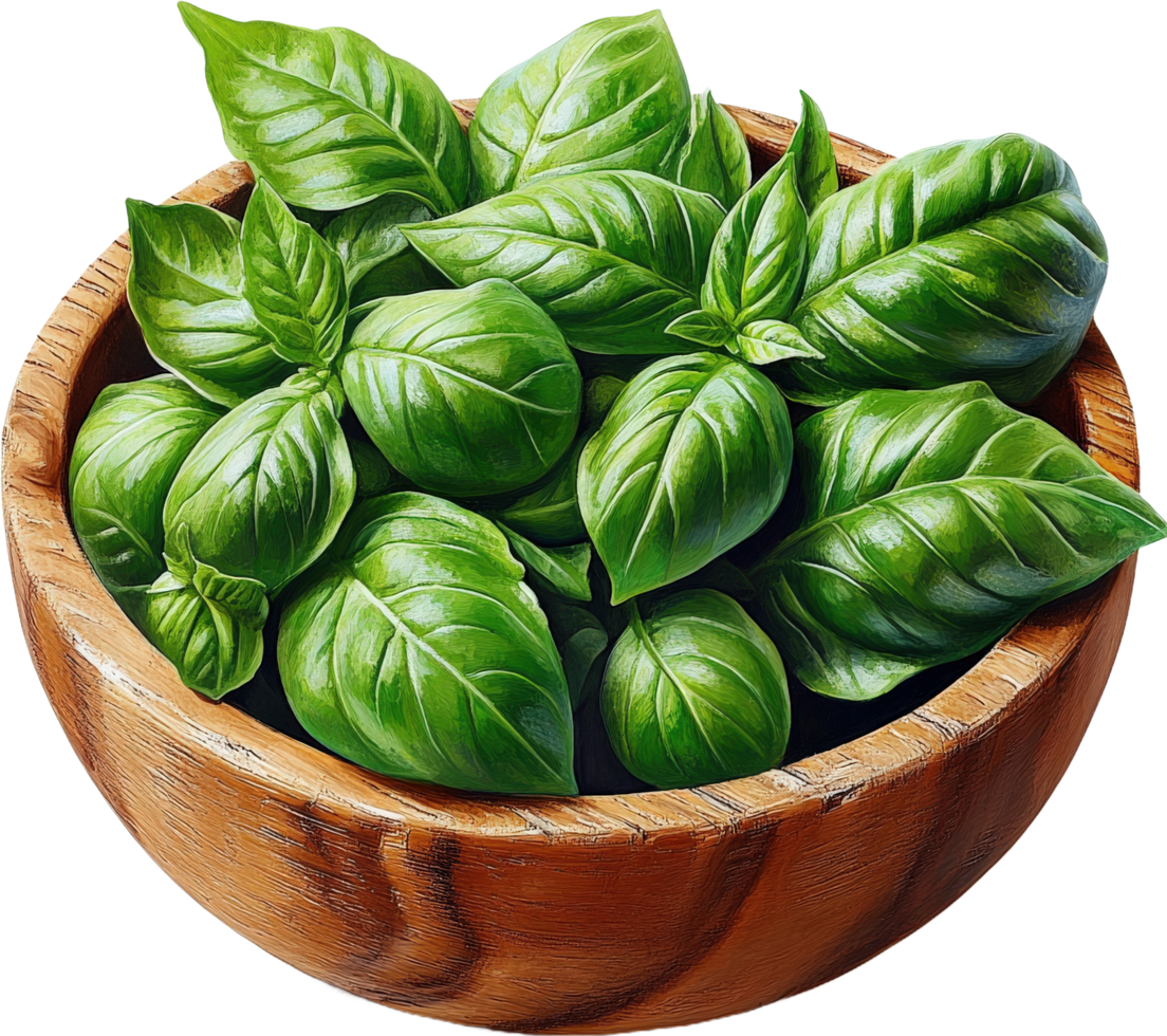 Fresh Basil Leaves in Wooden Bowl png