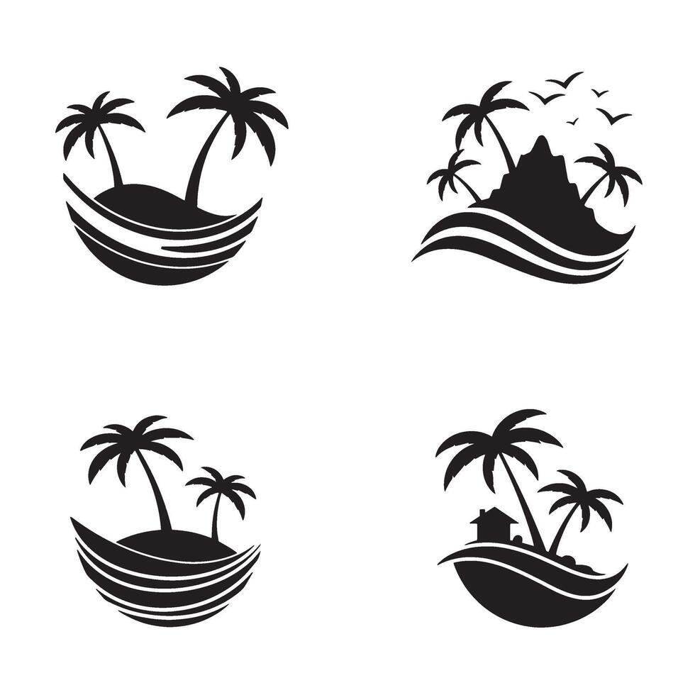 Collection of black and white beach and tropical island silhouette illustrations with palm trees vector