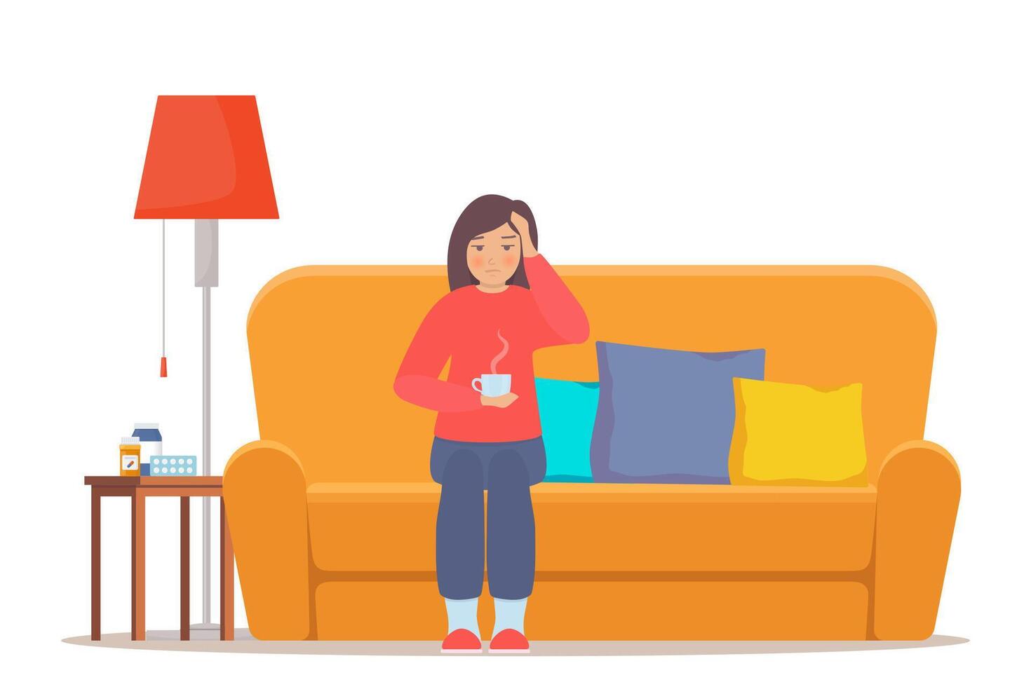 Sick woman sitting on couch with cup of hot drink. Female character sick of seasonal flu. Epidemic, illness, disease, sickness, concept illustration. vector
