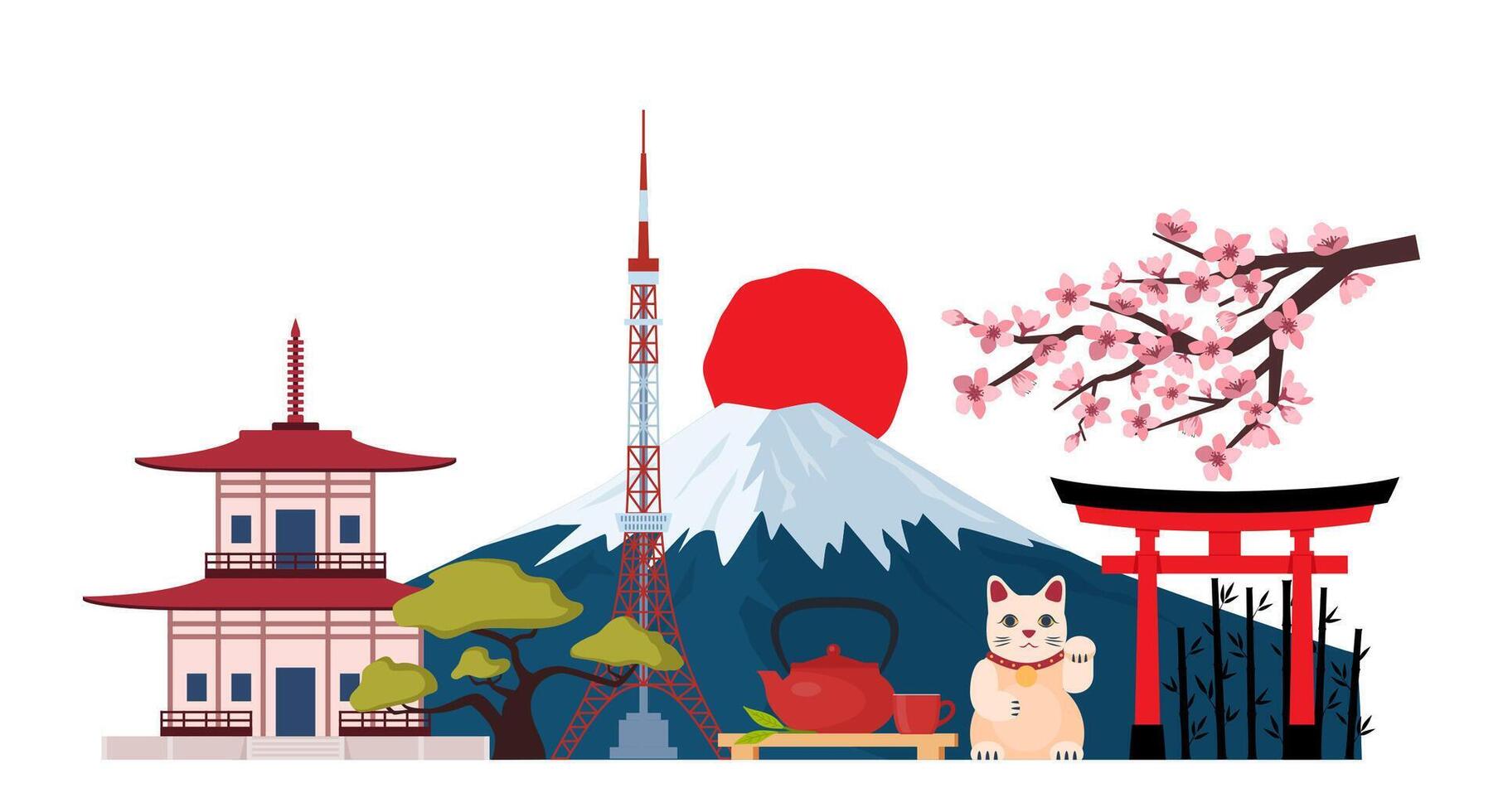 Japanese Traditional culture symbols composition. Tokio tower, Mount Fuji, Maneki Neko lucky cat, sakura, pagoda, bamboo, torii gate. Travel to Japan. illustration. vector