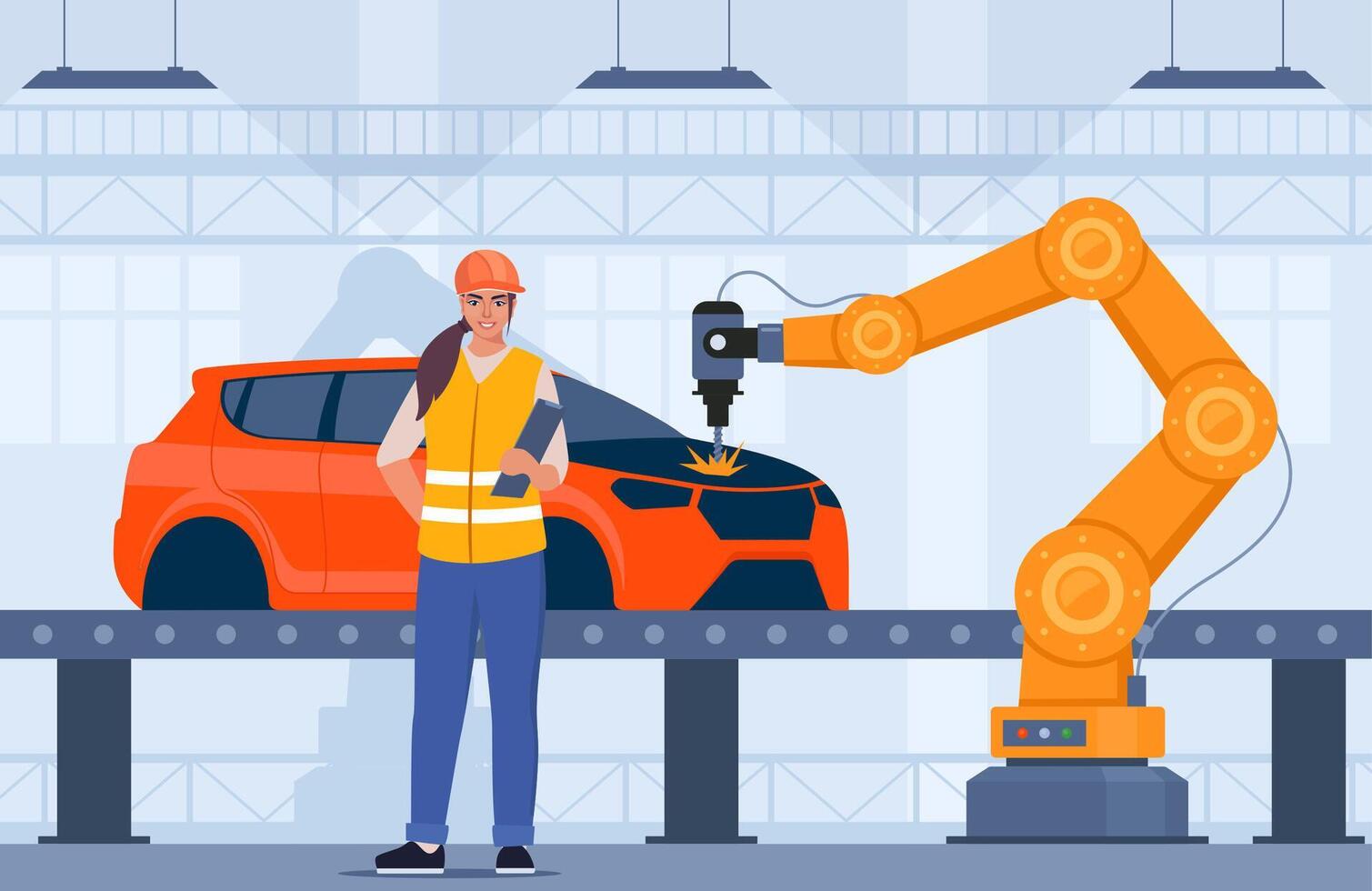 Process of automated car production. Machinery line with robotic hands. Engineer in orange vest and protective helmet controls the process. Assembly line at an automobile factory. illustration. vector