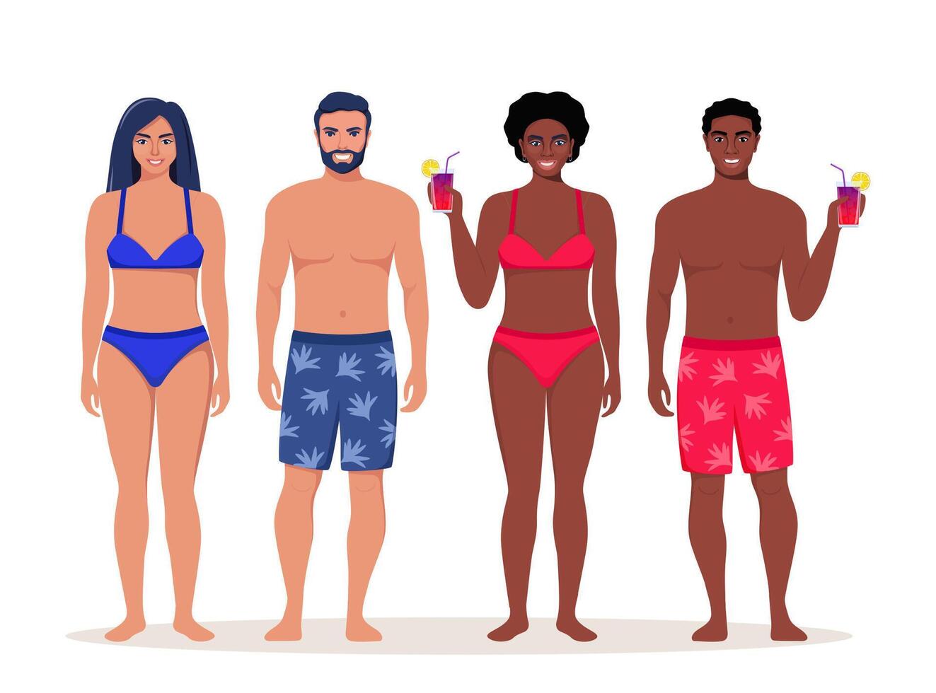 People dressed in swimsuits standing on the beach. Summer vacations. Beautiful men and women, couples on vacation. illustration. vector