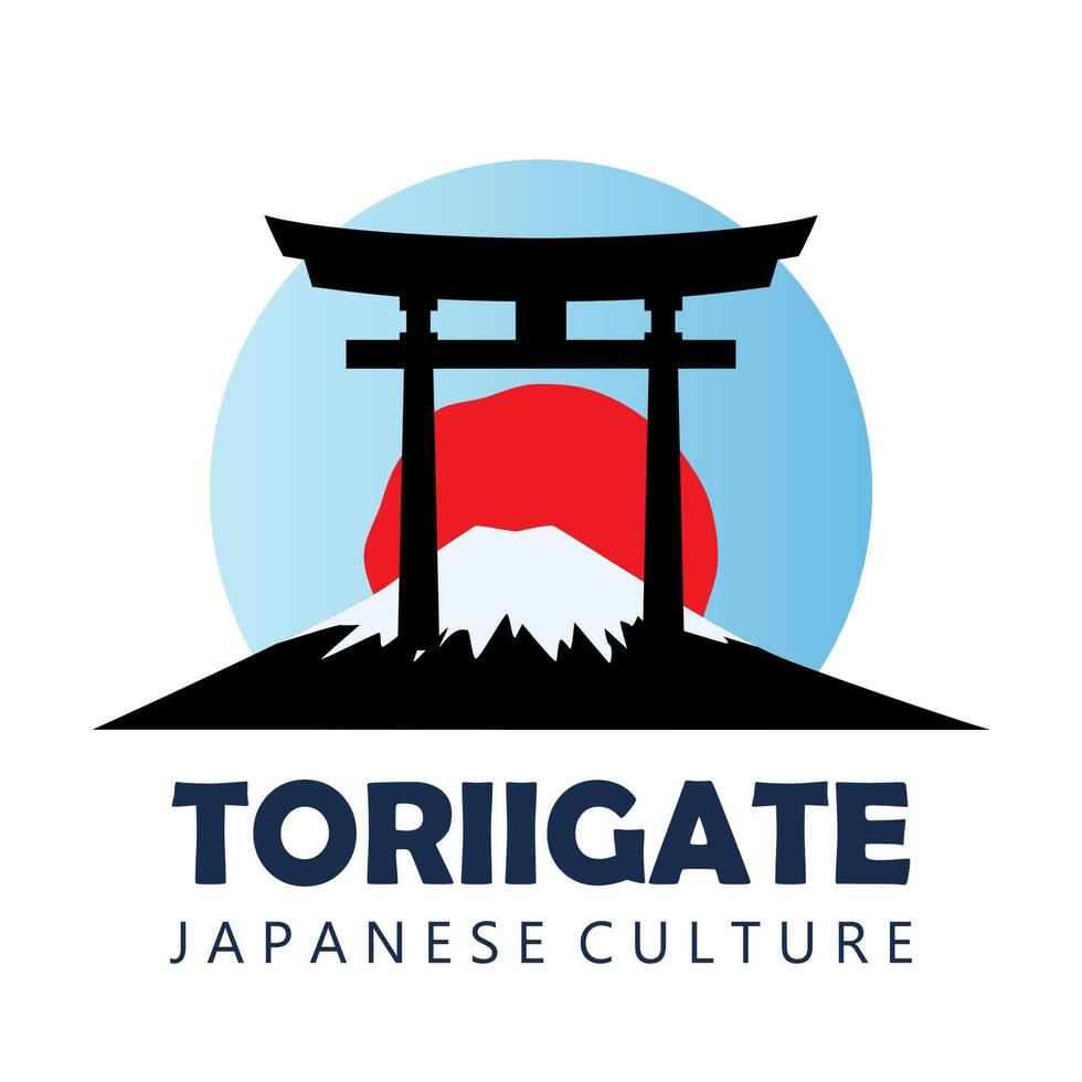 Logo with big red sun, symbol of Japan, Fujiyama mountain and sacred torii gates. illustration. vector
