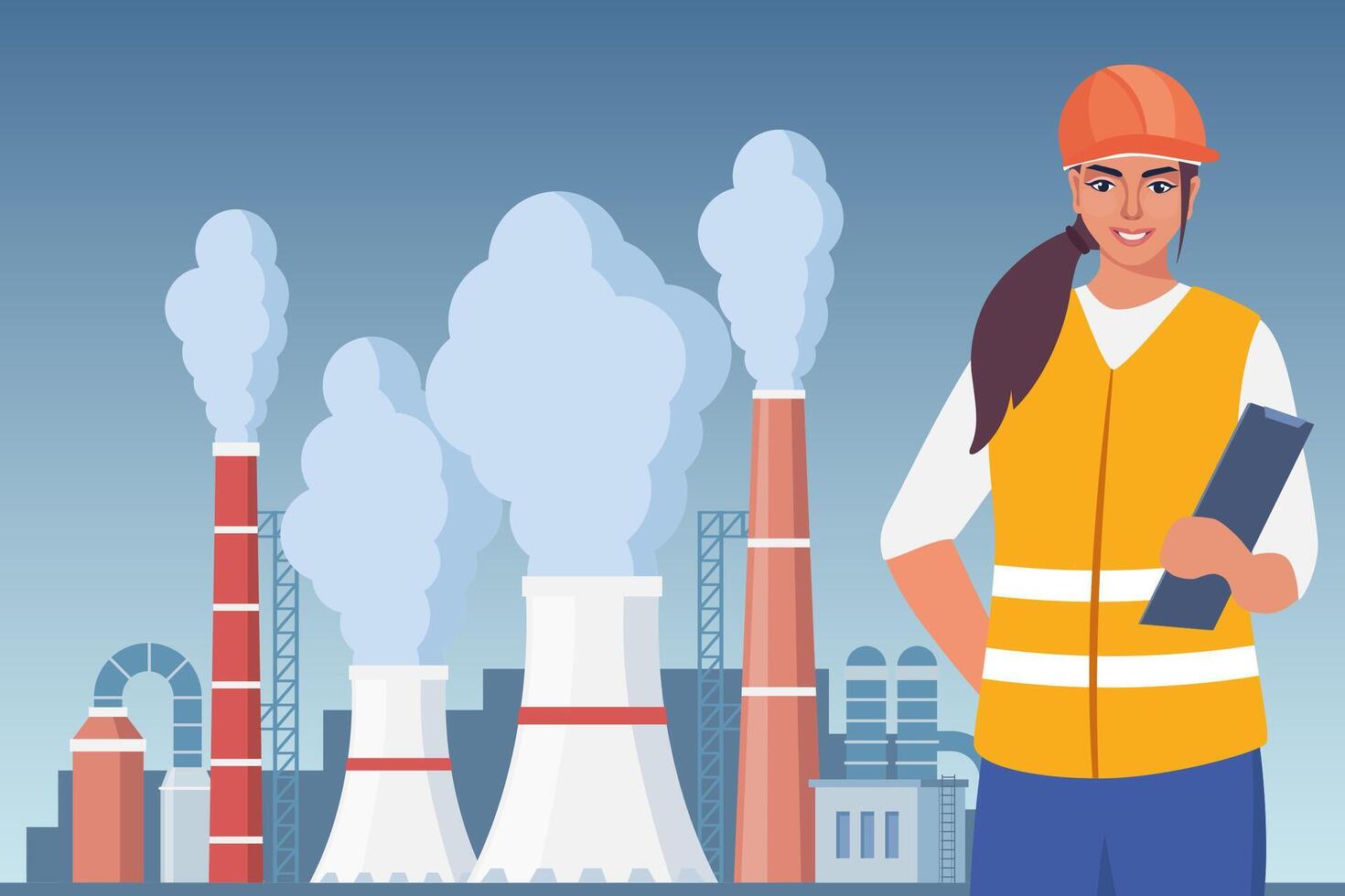 Highly polluting factory plant with smoking towers and pipes. Woman engineer in orange protective helmet on the foreground. illustration. vector