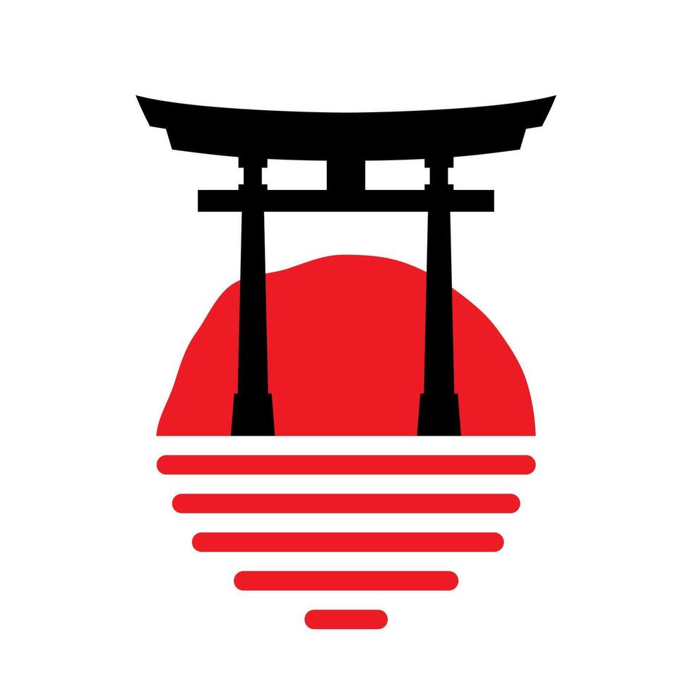 Japan torii gate. Stylized icon with temple gate and sun, japan or Asian logo concept. Religious symbol of Shintoism. illustration. vector