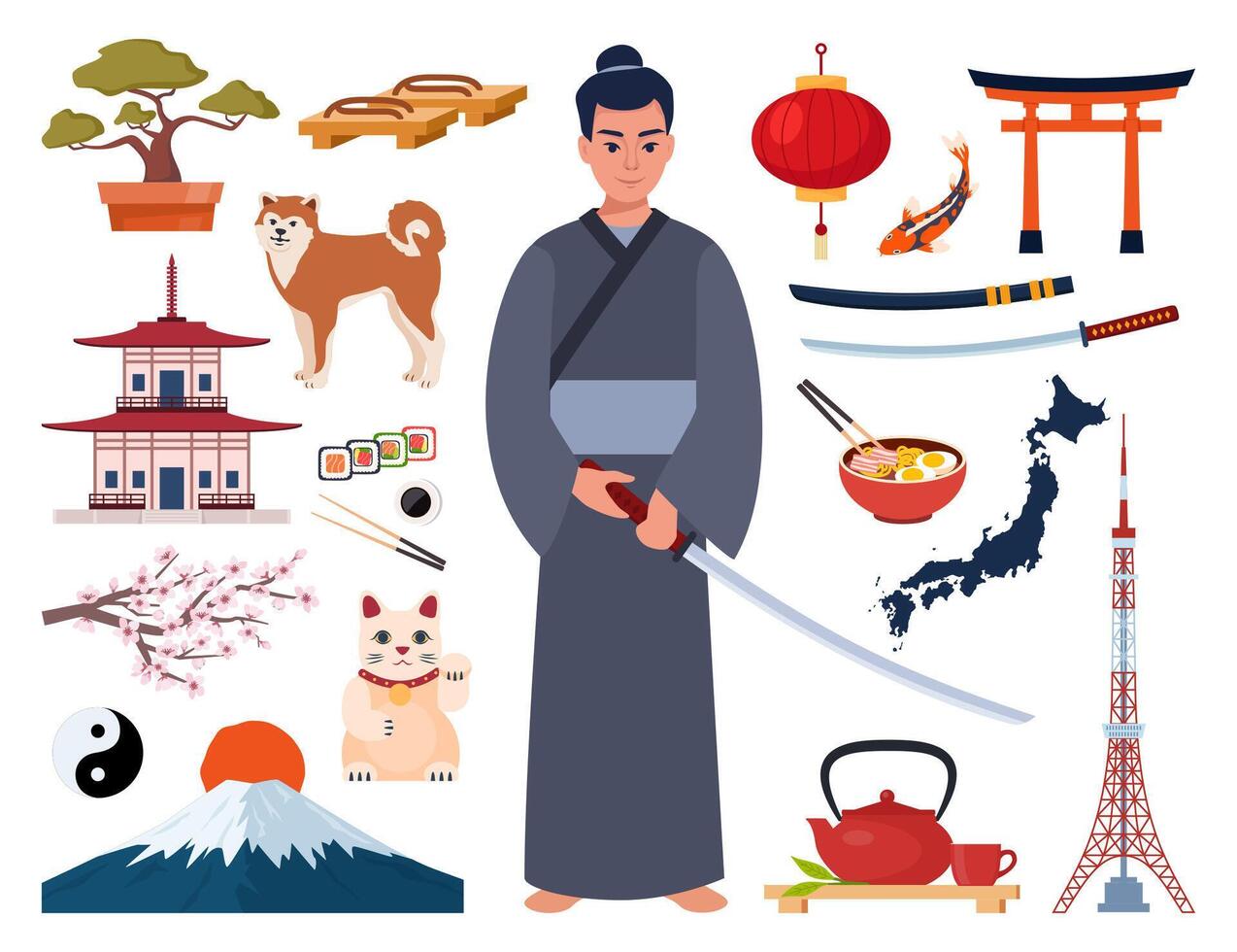 Japanese Traditional culture symbols. Geisha, samurai, katana, Mount Fuji, bonsai, Maneki Neko lucky cat, sakura, pagoda, bamboo, sushi, sumo, torii gate. Travel Japan. vector