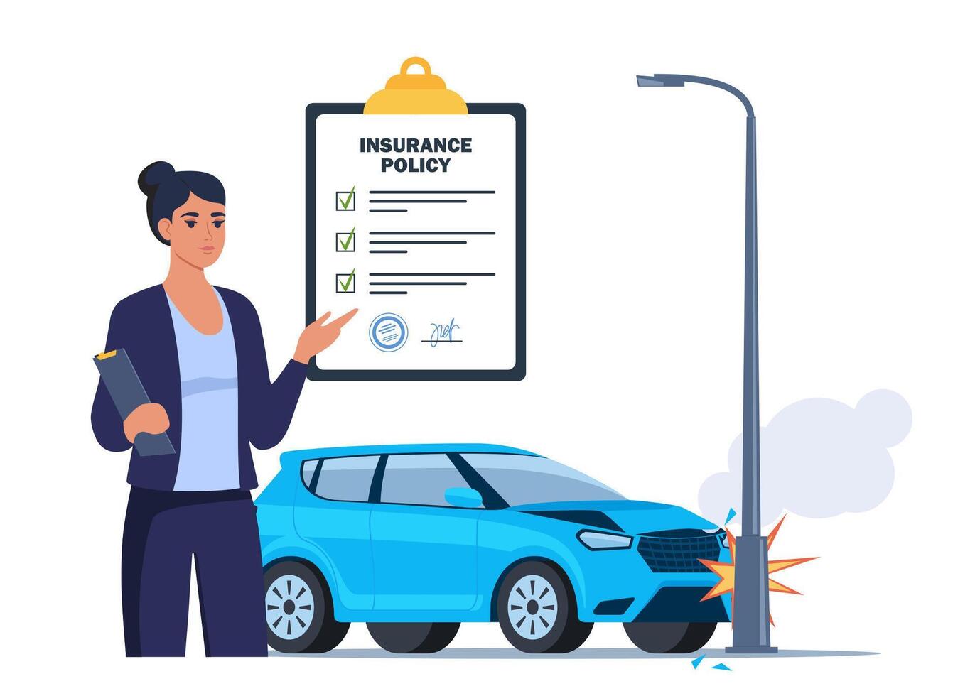 Car insurance coverage concept. Damaged vehicle, insurance police, insurance agent character. Car breakdown on the road. Automobile protection, security, safety. illustration. vector