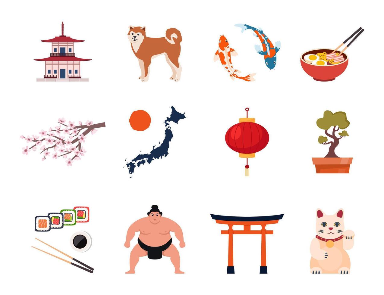 Japanese Traditional culture symbols. Geisha, samurai, katana, Mount Fuji, bonsai, Maneki Neko lucky cat, sakura, pagoda, bamboo, sushi, sumo, torii gate. Travel to Japan vector