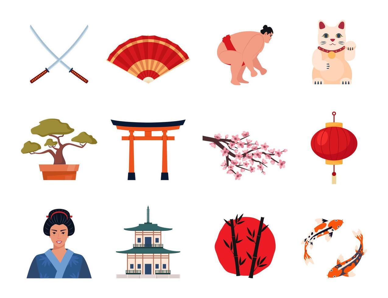 Japanese Traditional symbols. Geisha, samurai, katana, Mount Fuji, bonsai, Maneki Neko lucky cat, sakura, pagoda, bamboo, sushi, sumo, torii gate. Travel to Japan. illustration. vector