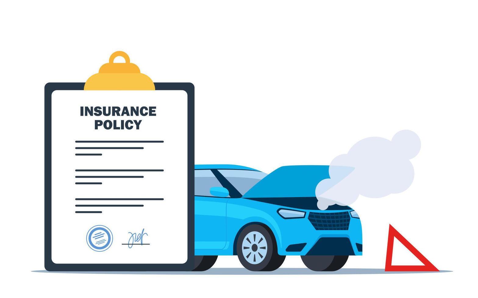 Car insurance coverage concept. Damaged vehicle and insurance police. Car breakdown on the road. Automobile protection, security, safety. illustration. vector