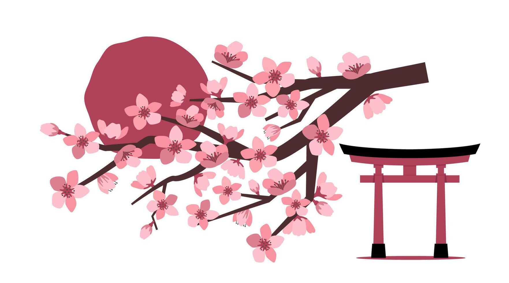 Japanese Traditional culture symbols composition with sakura branches, sun and torii gate. Pink cherry blossom. illustration. vector