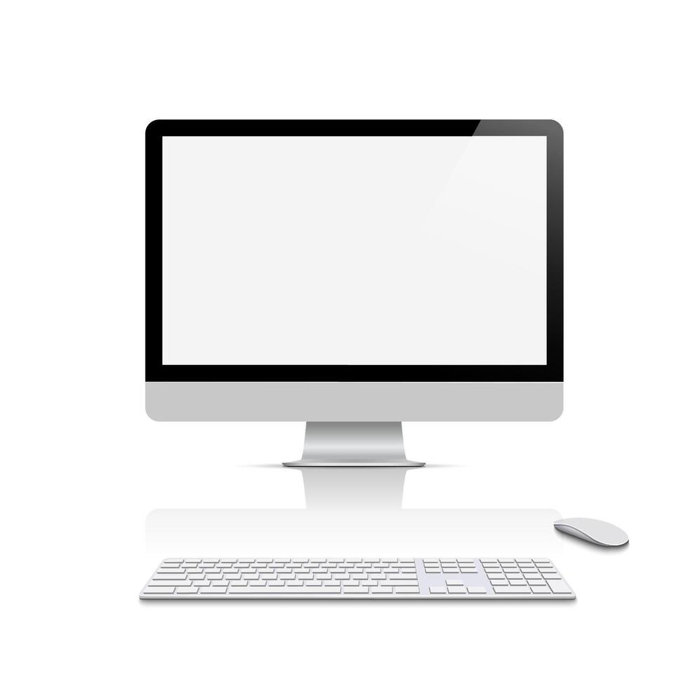 Realistic modern monitor front view with keyboard and mouse vector