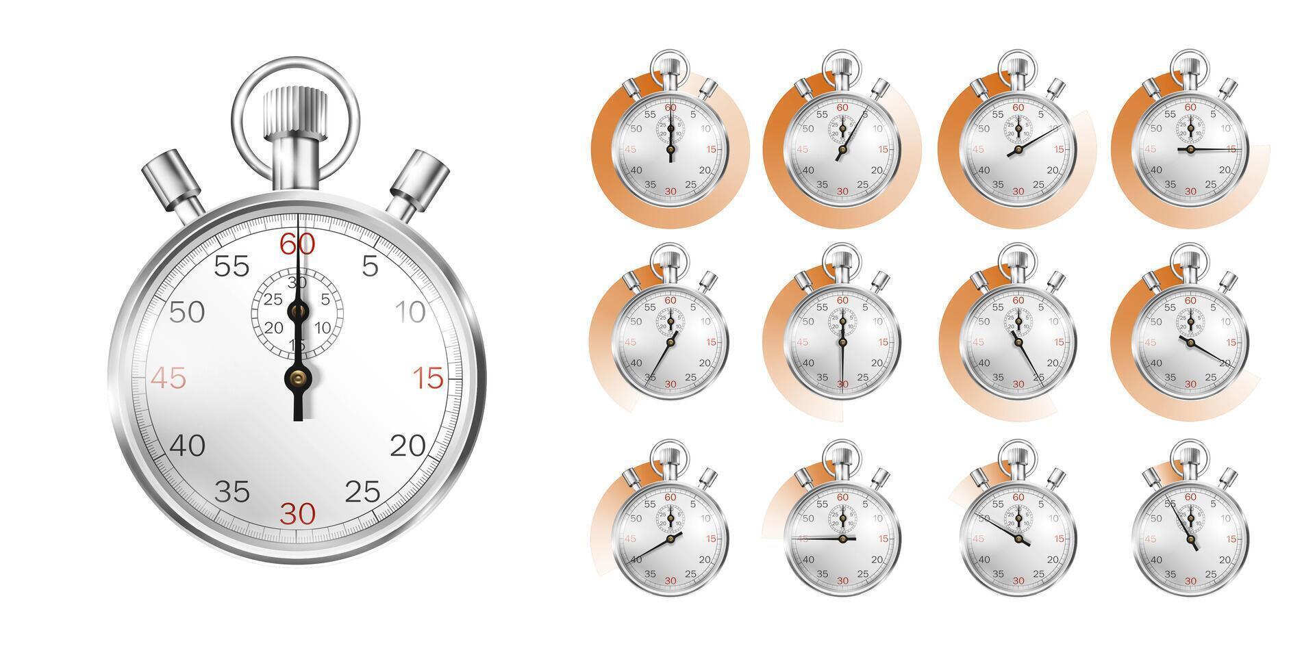 Realistic stopwatch,silver metal chronometer vector