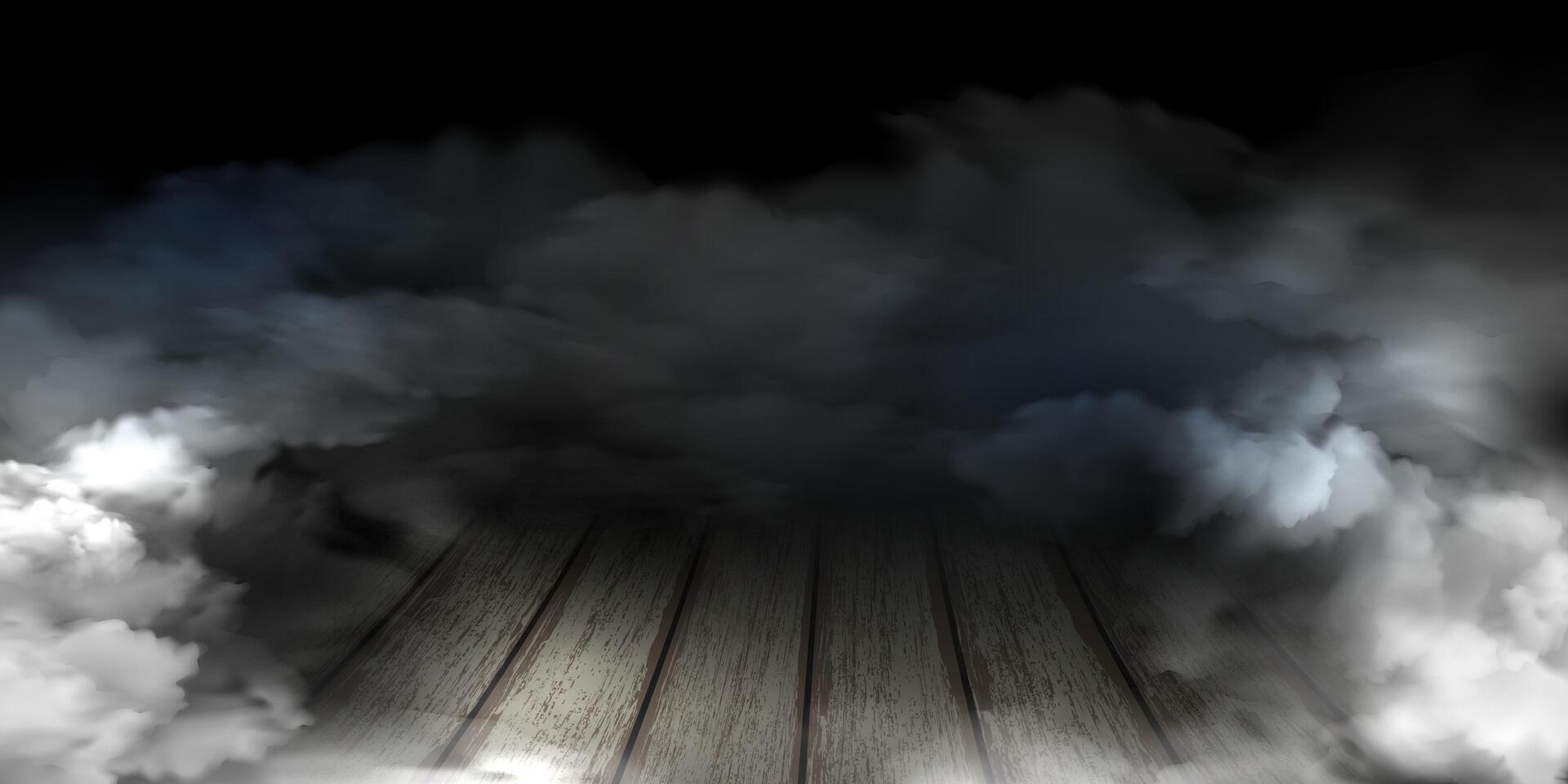 Smoke spreading over wooden floor in dark room vector