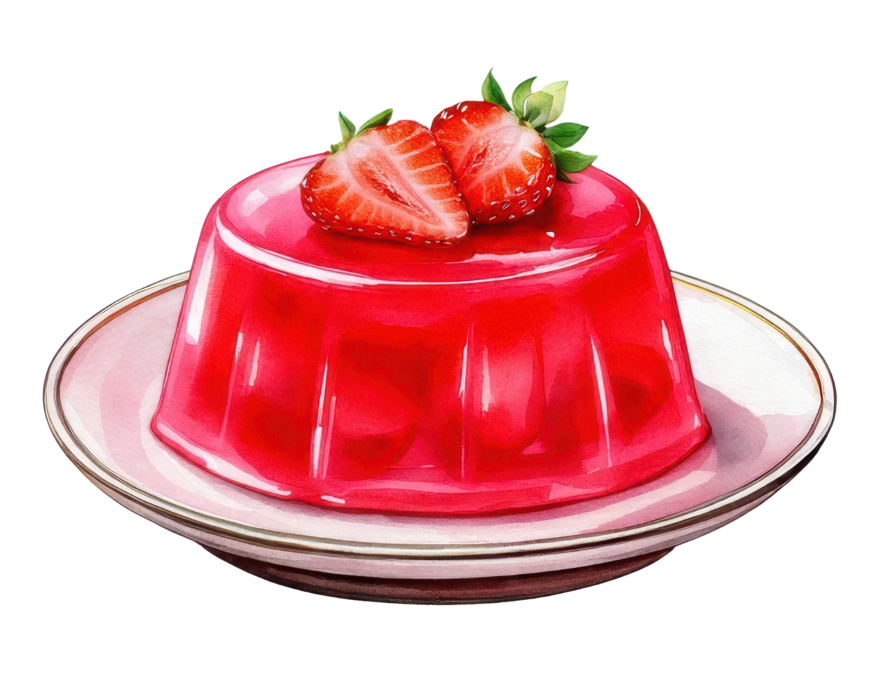 Watercolor fresh strawberry jelly dessert in white dish clip art illustration png