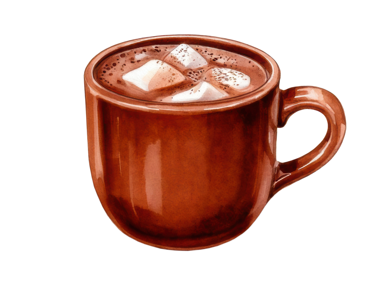 Watercolor hot chocolate in brown ceramic cup with sugar cream clip art illustration png