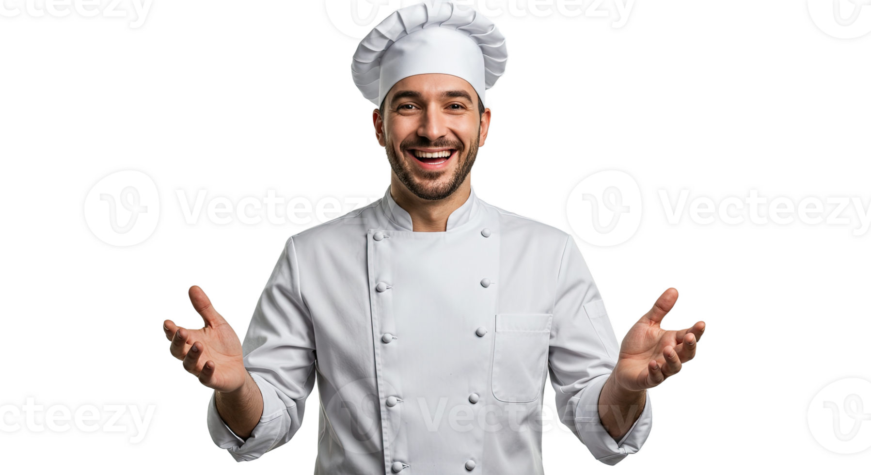 A happy chef with open arms and a welcoming smile in a professional white uniform png