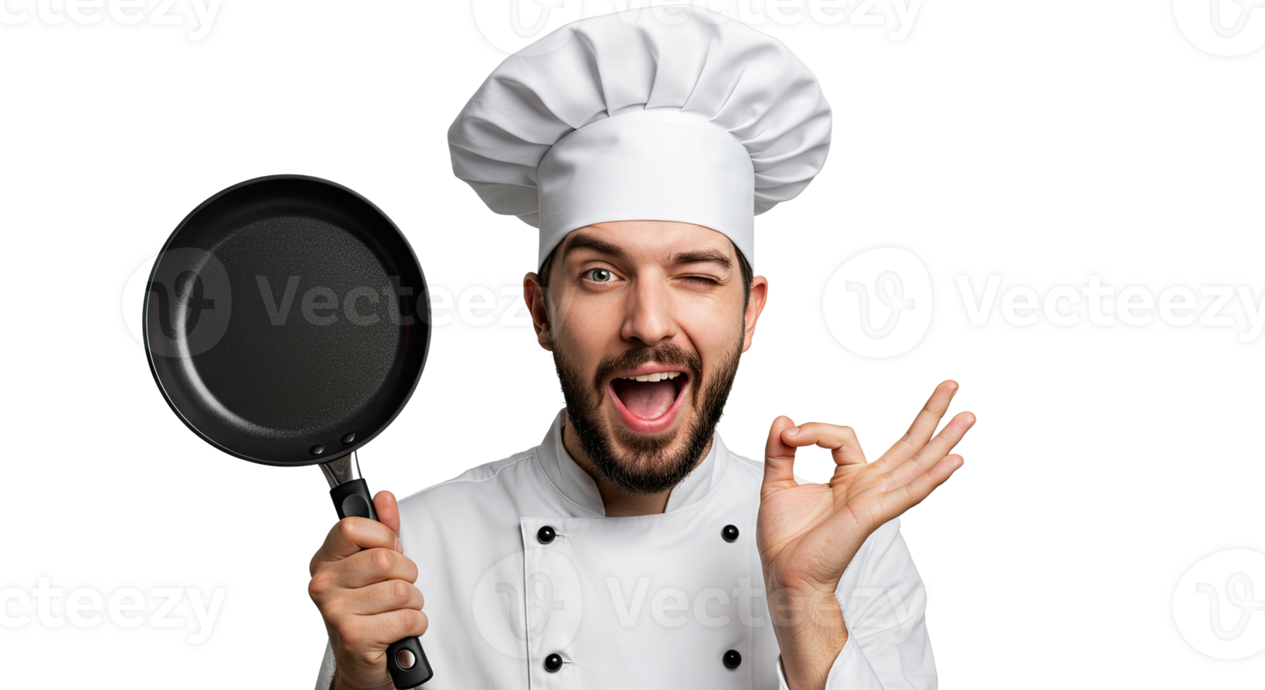 A happy chef winking and holding a frying pan png