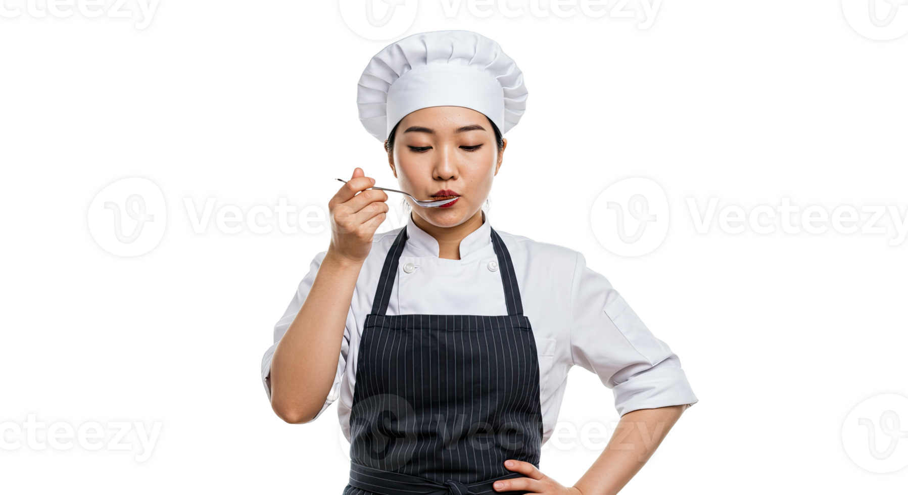 A female chef wearing a white uniform tasting food from a spoon with a focused expression png