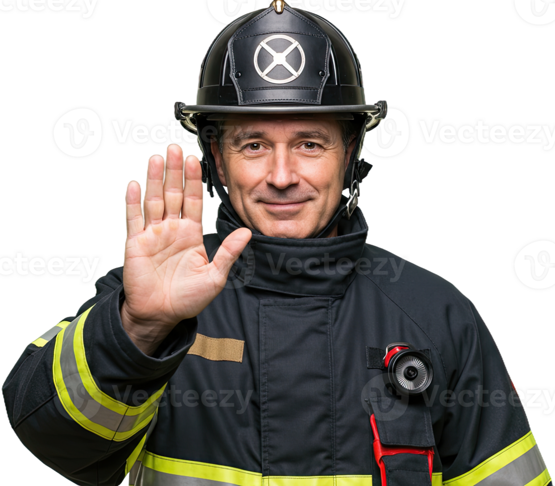 A firefighter in uniform holding up hand gesturing stop with a serious expression png