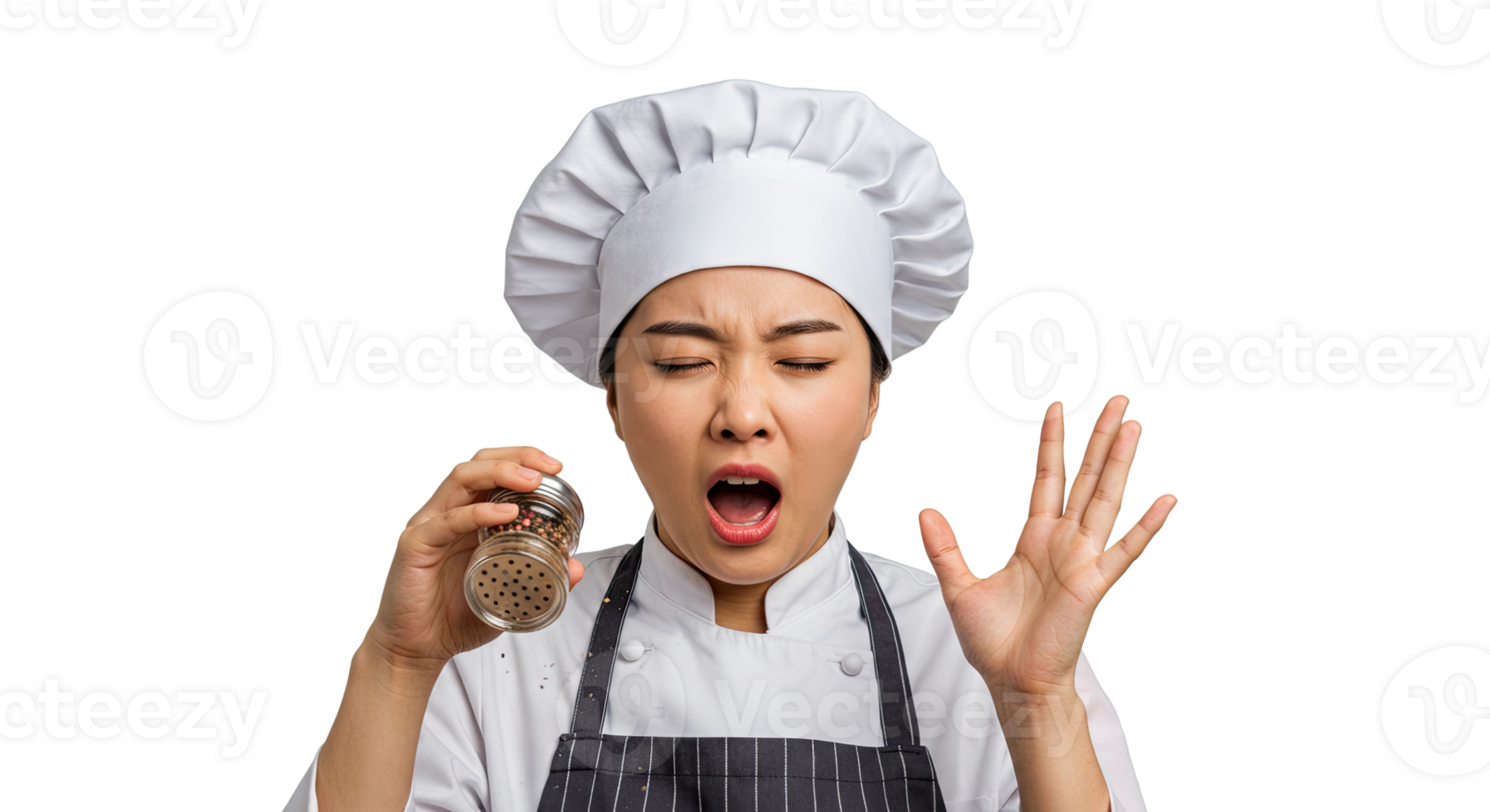 A female chef reacts to the smell of pepper from a spice shaker with a grimace png