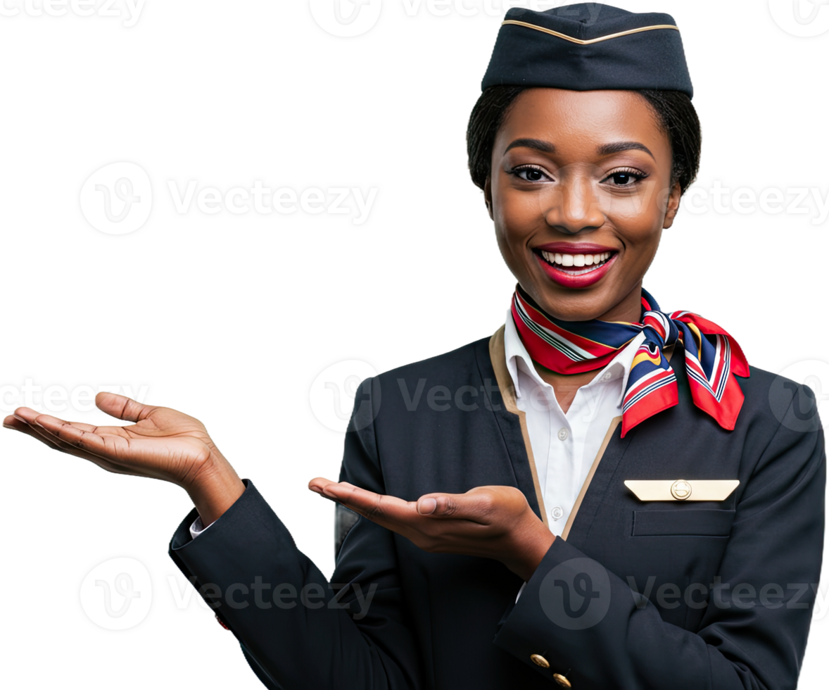 Attractive African American flight attendant presenting something with open hands smiling png
