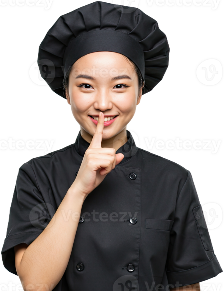 Smiling Asian chef wearing a black uniform and chef's hat gesturing silence png