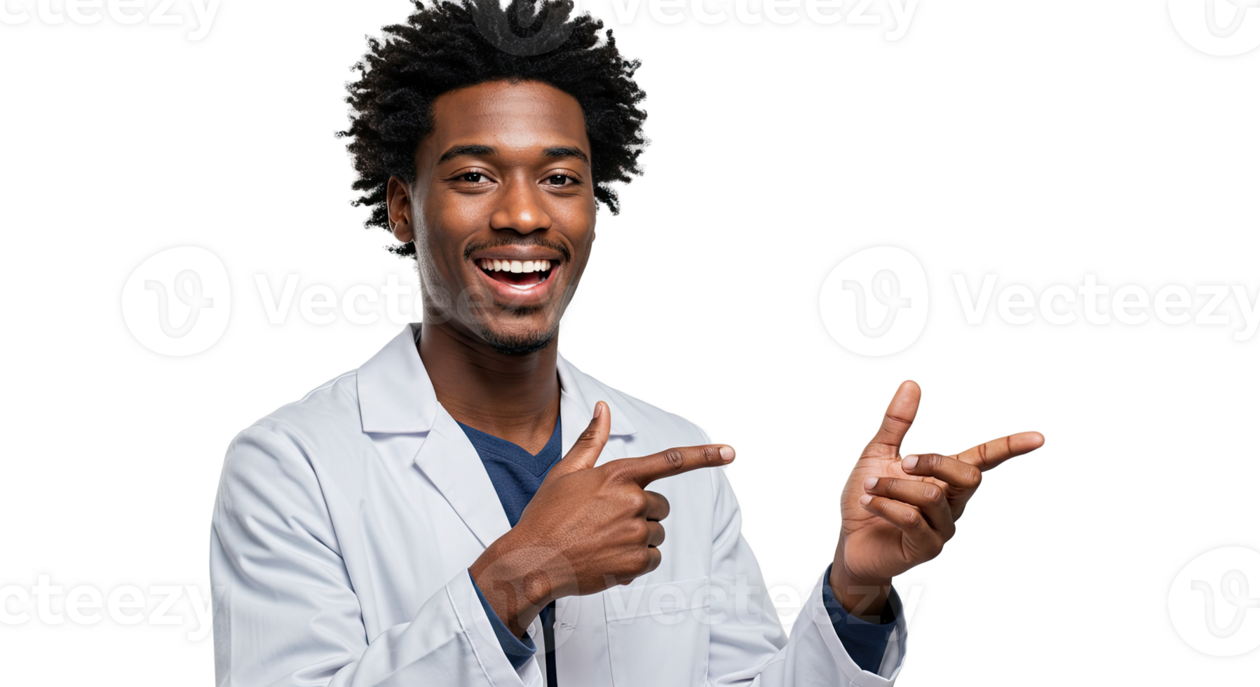Smiling African American man in lab coat pointing towards the right side of the frame png
