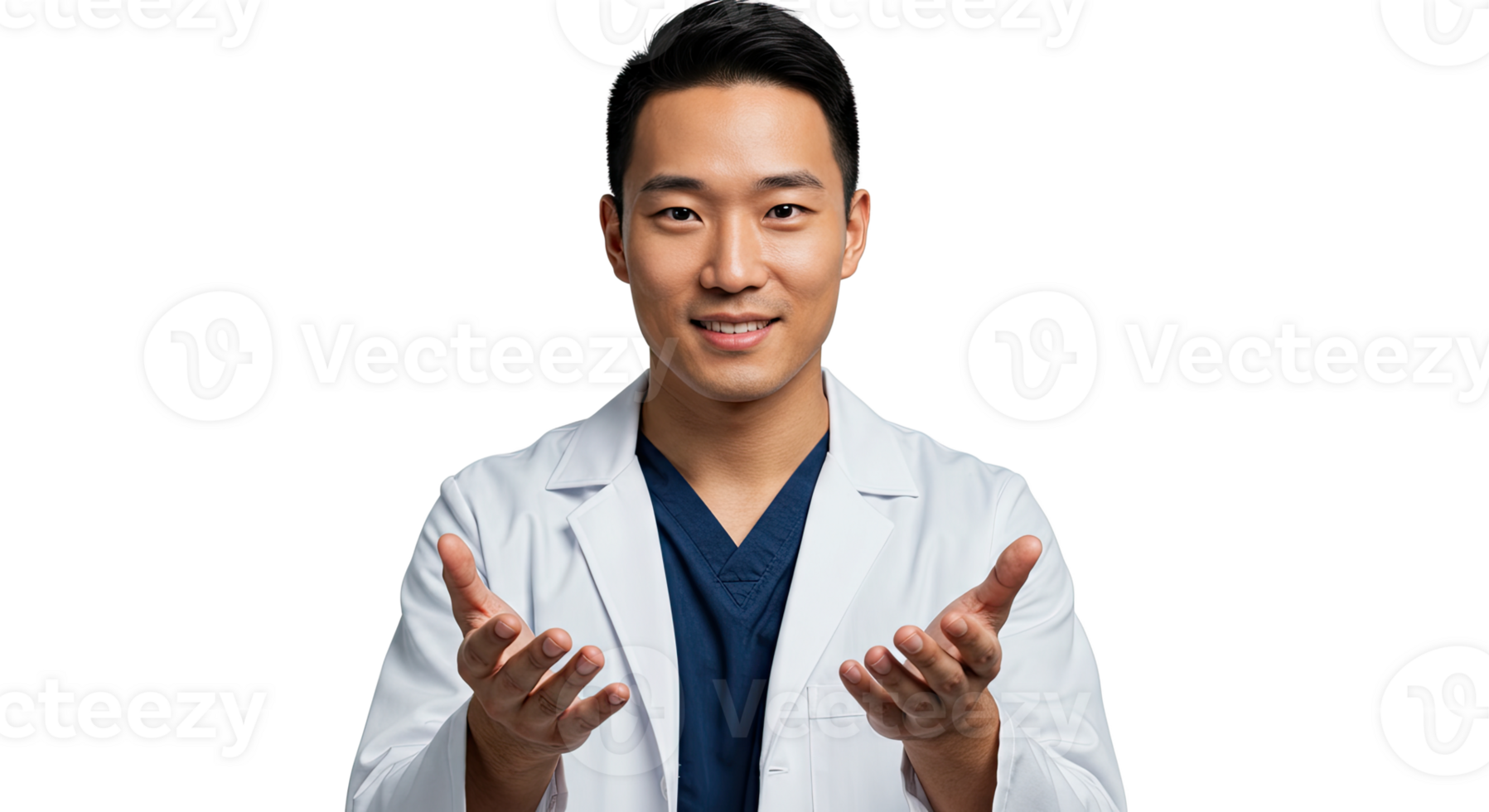 Portrait of a friendly Asian doctor in a white coat with open arms, smiling warmly. png