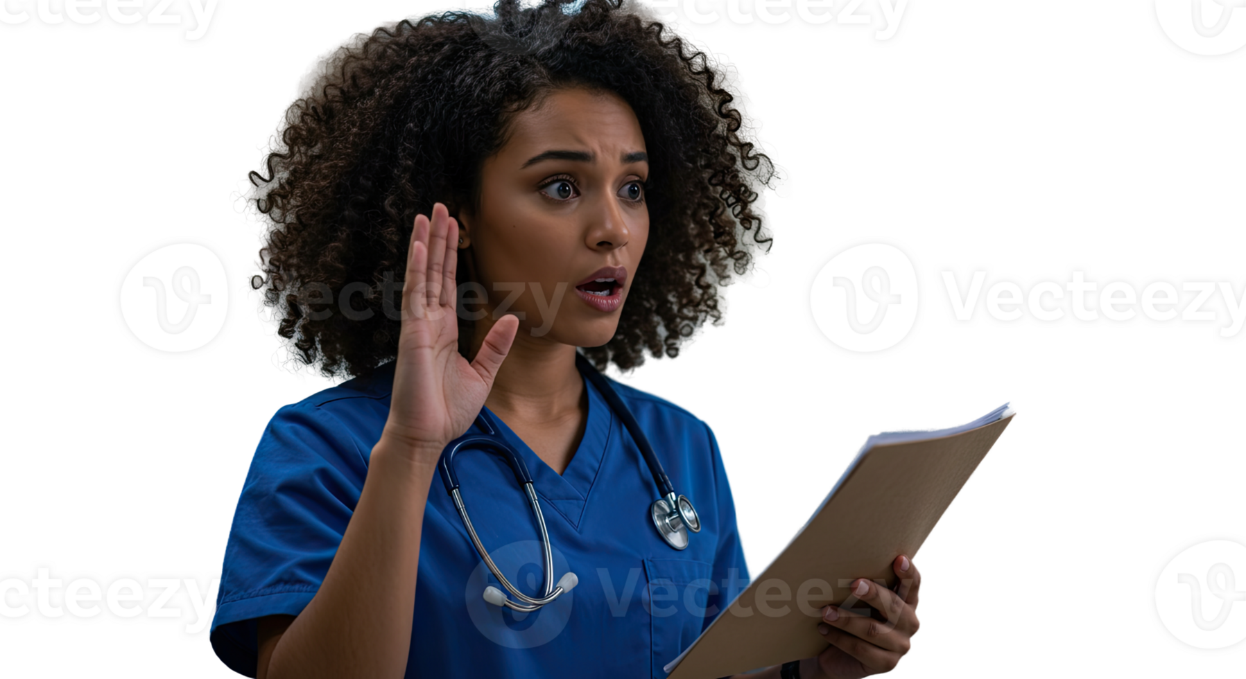Surprised nurse listening intently while holding medical records and stethoscope png