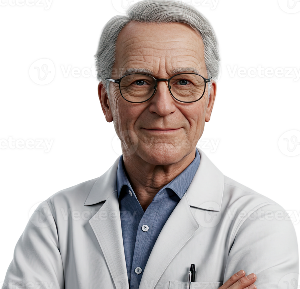 Portrait of a mature, smiling doctor wearing eyeglasses and a white lab coat png
