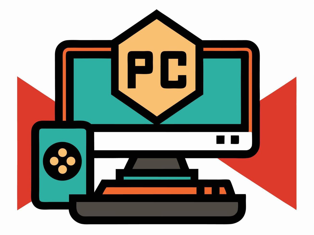 Colorful illustration of a desktop computer with a pc badge and gaming console symbol vector