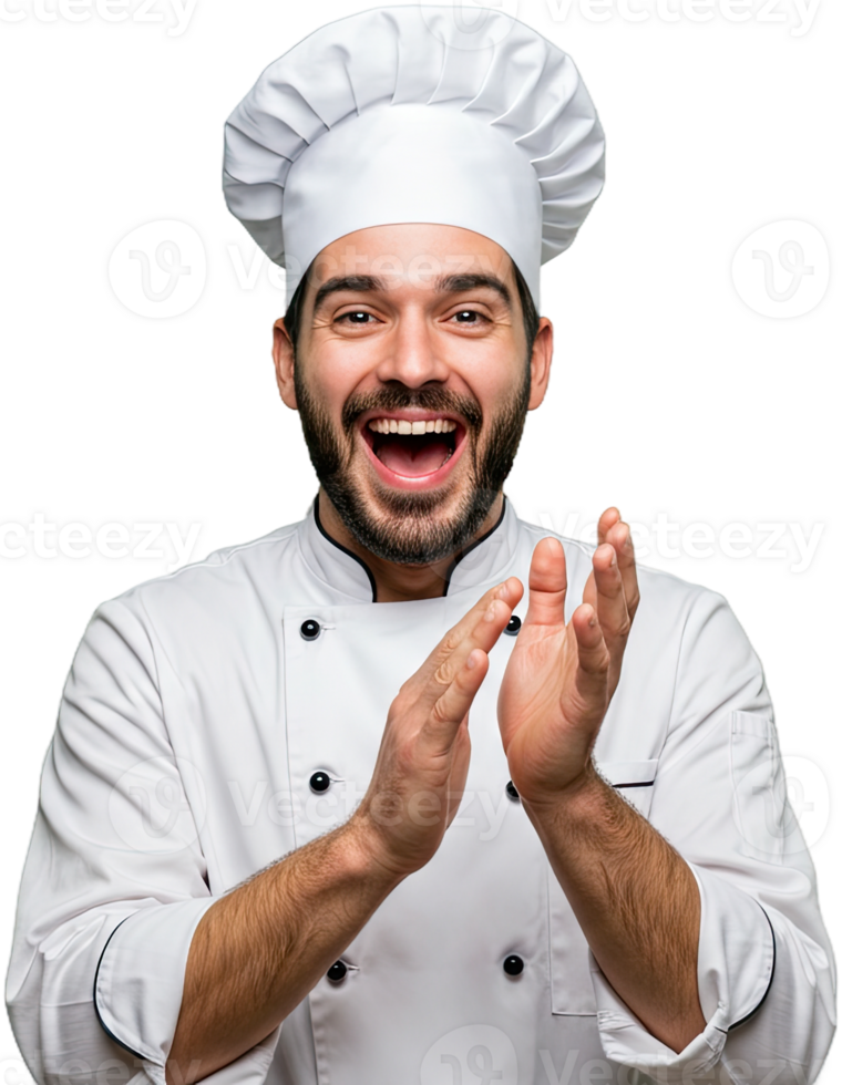 Happy male chef clapping his hands, wearing a toque and chef's uniform, laughing. png