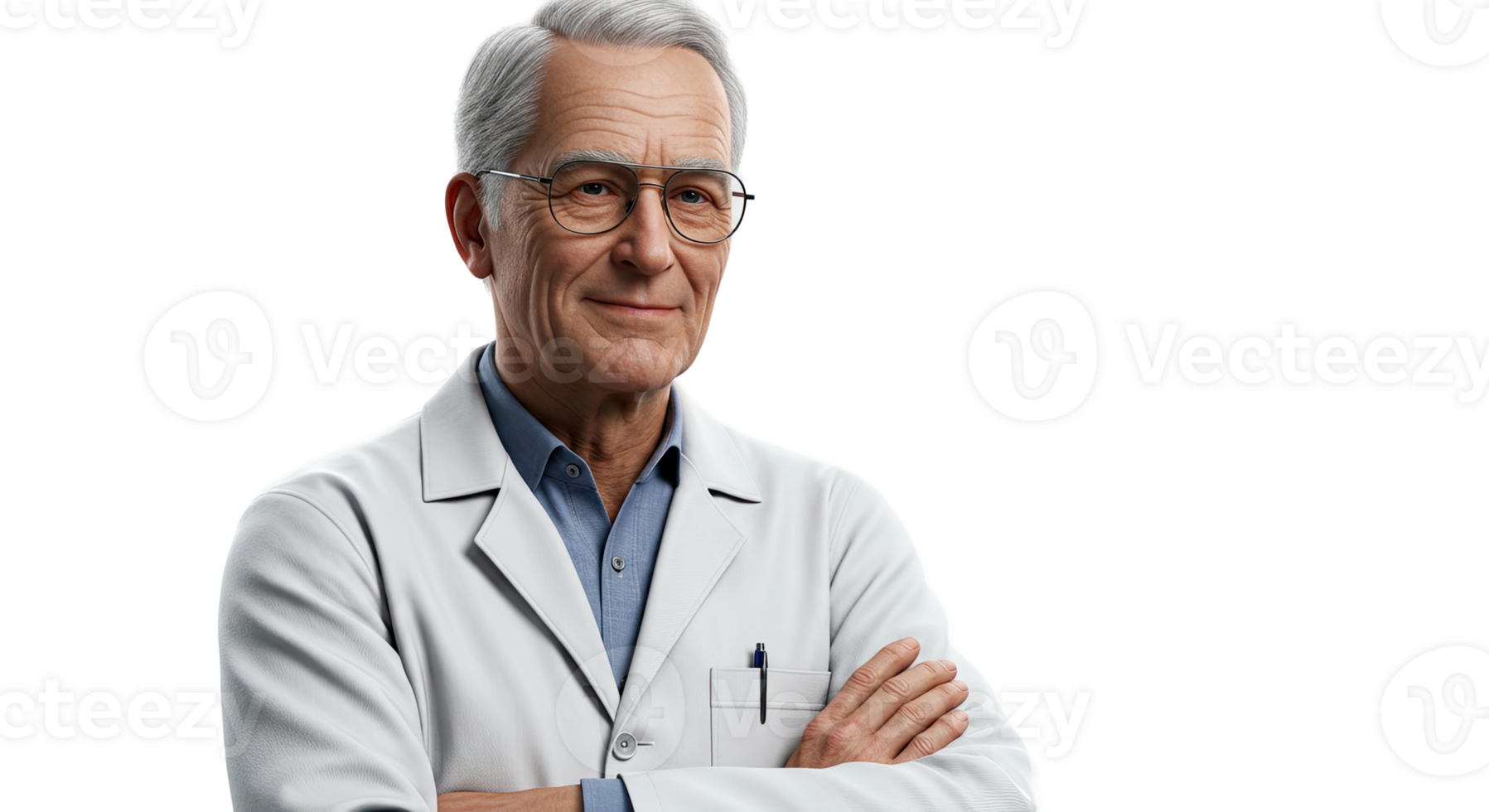 Portrait of a senior doctor with glasses and a lab coat looking at the viewer png
