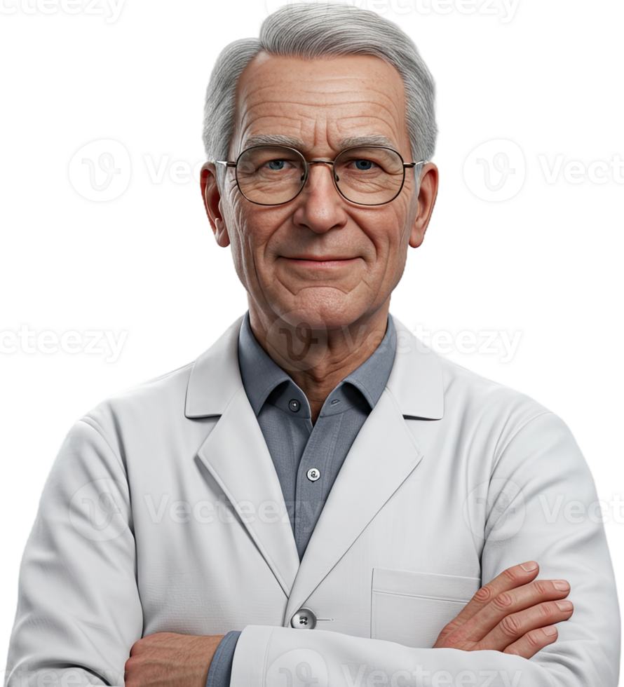 Portrait of a senior male doctor with gray hair and glasses, smiling at the camera png
