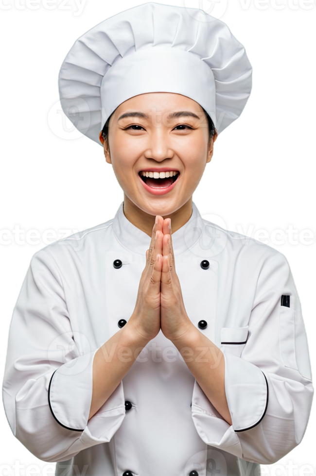 Happy Asian female chef in white uniform holding hands together and smiling broadly png